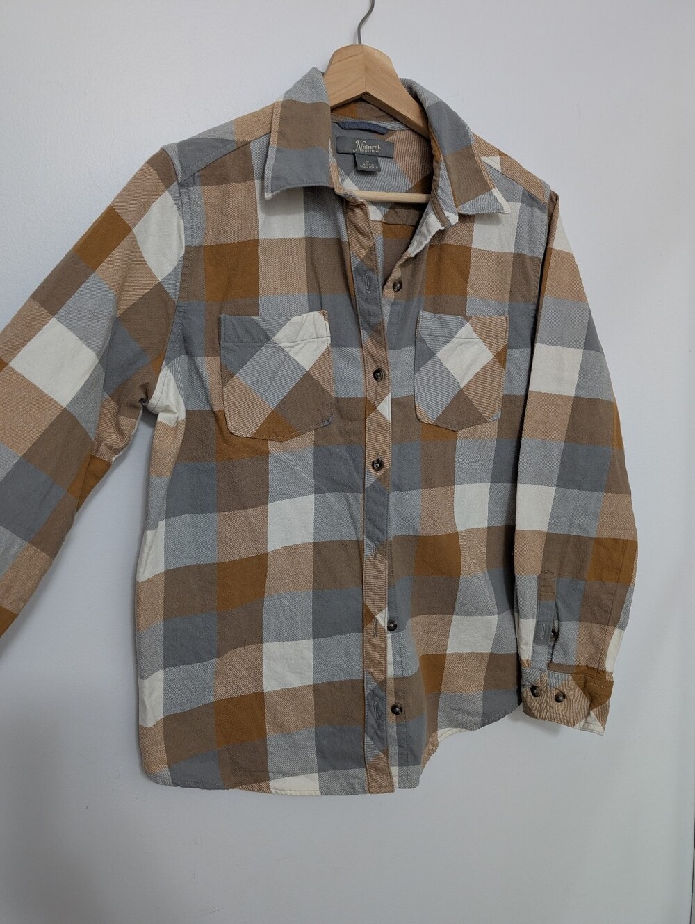 Natural Reflections Medium Cotton Top Tan Plaid Button Down Shirt Western Boho